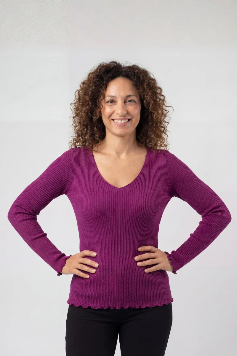 Maglia lana e seta donna manica lunga con scollo a V - Image 11