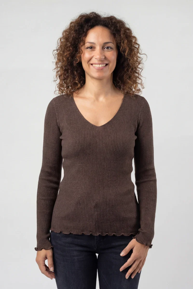 Maglia lana e seta donna manica lunga con scollo a V - Image 14