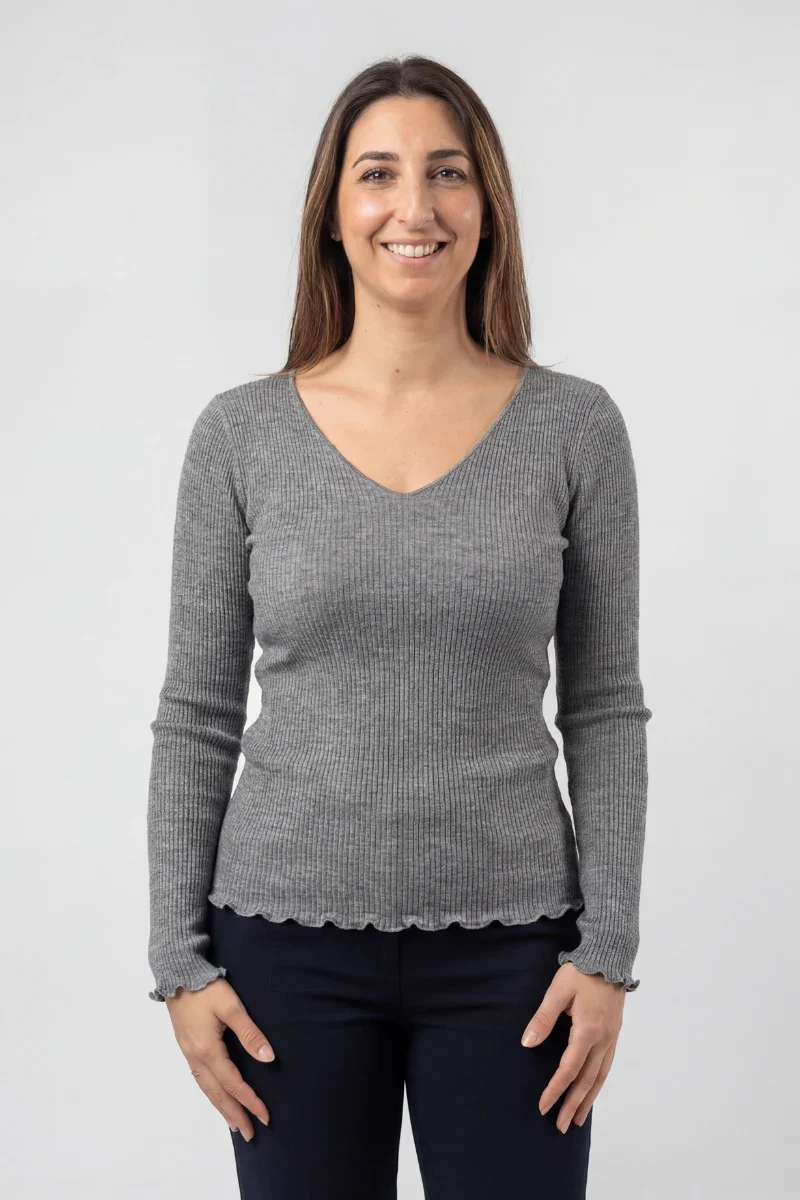 Maglia lana e seta donna manica lunga con scollo a V - Image 3