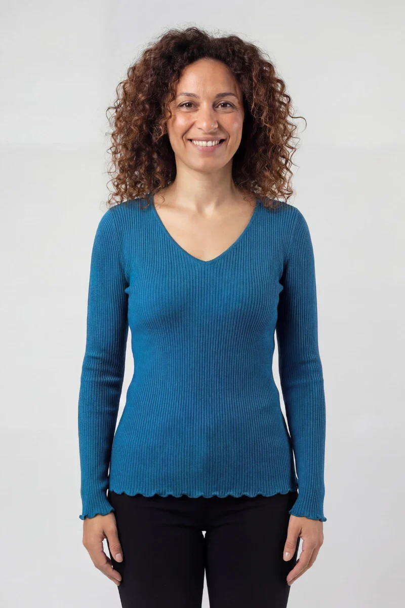 Maglia lana e seta donna manica lunga con scollo a V - Image 5