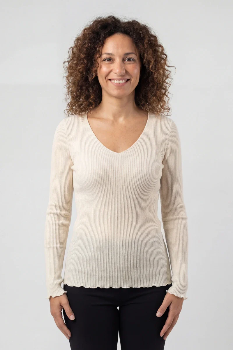 Maglia lana e seta donna manica lunga con scollo a V - Image 6