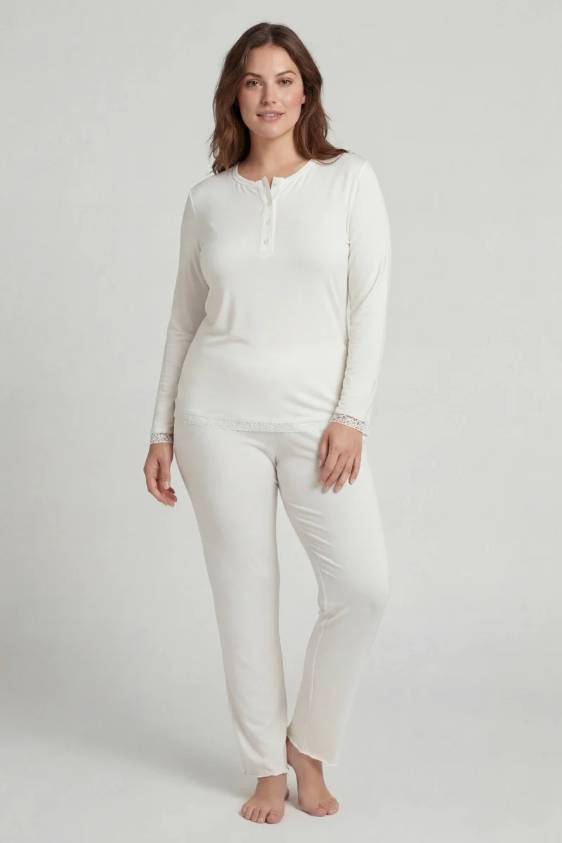 Pigiama donna con bottoni lungo con pizzo in bamboo - Image 4