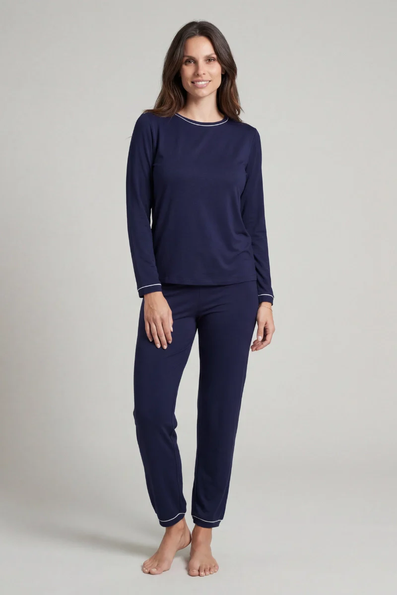 Pigiama donna lungo basic con riga in bamboo